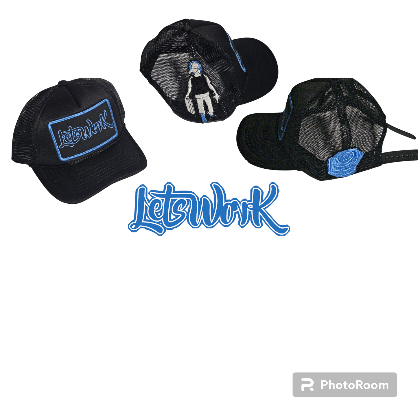 Black and Blue Signature Lets Work Trucker Hat